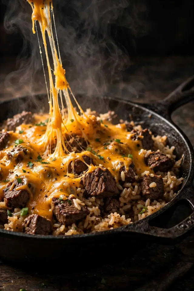  One-pan ground beef and rice skillet with melted cheddar