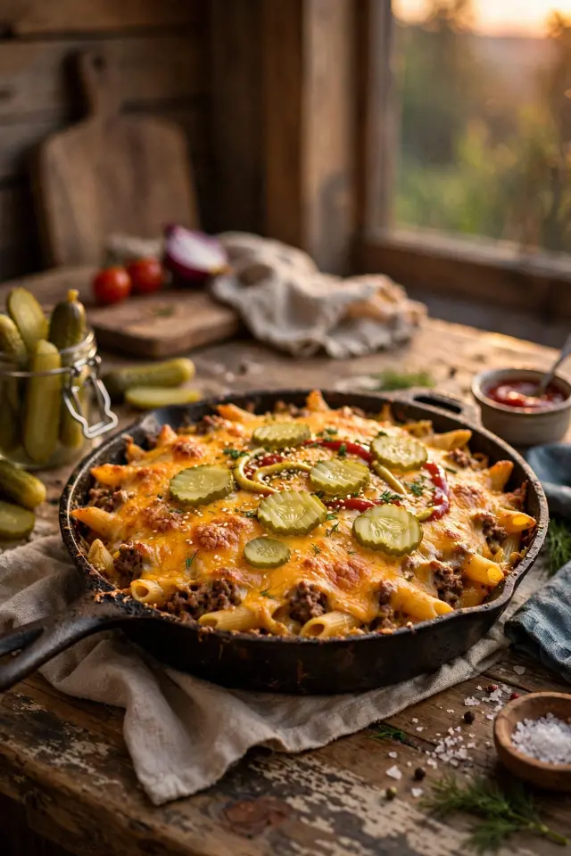 Cheeseburger casserole with pasta, ground beef, and melted cheddar