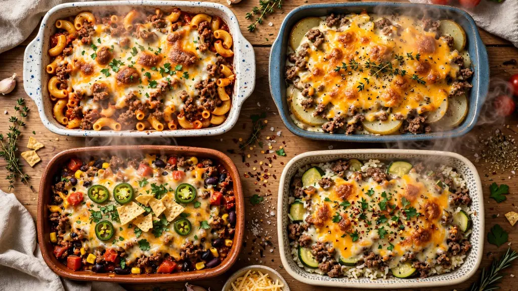 Collage of hearty ground beef casserole recipes fresh from the oven