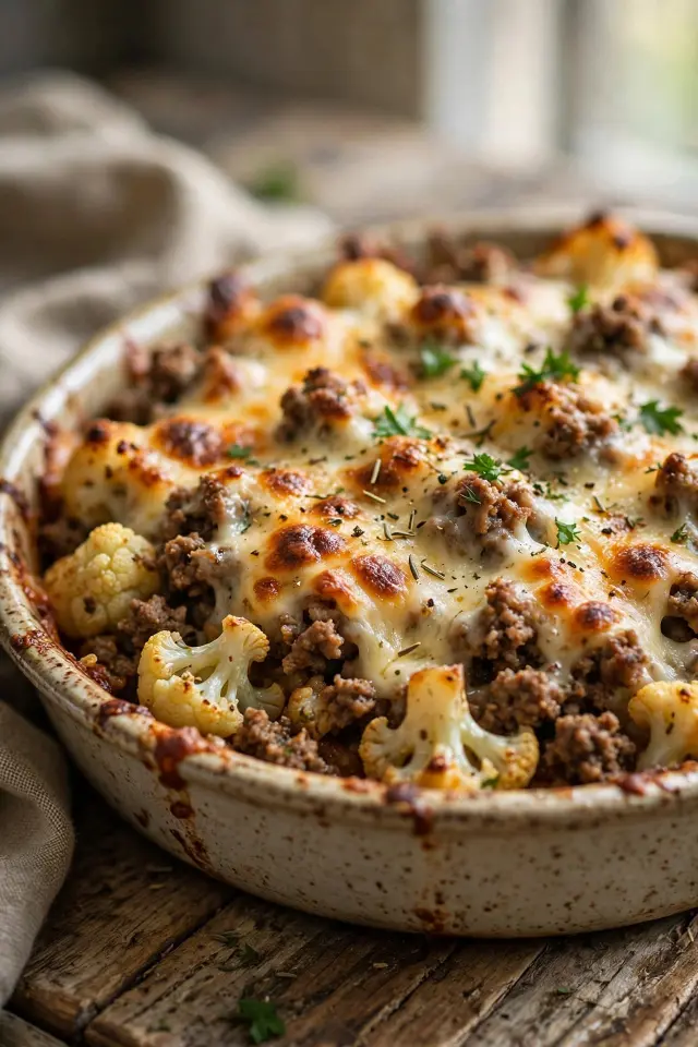 Cheesy ground beef and cauliflower casserole, low-carb comfort food
