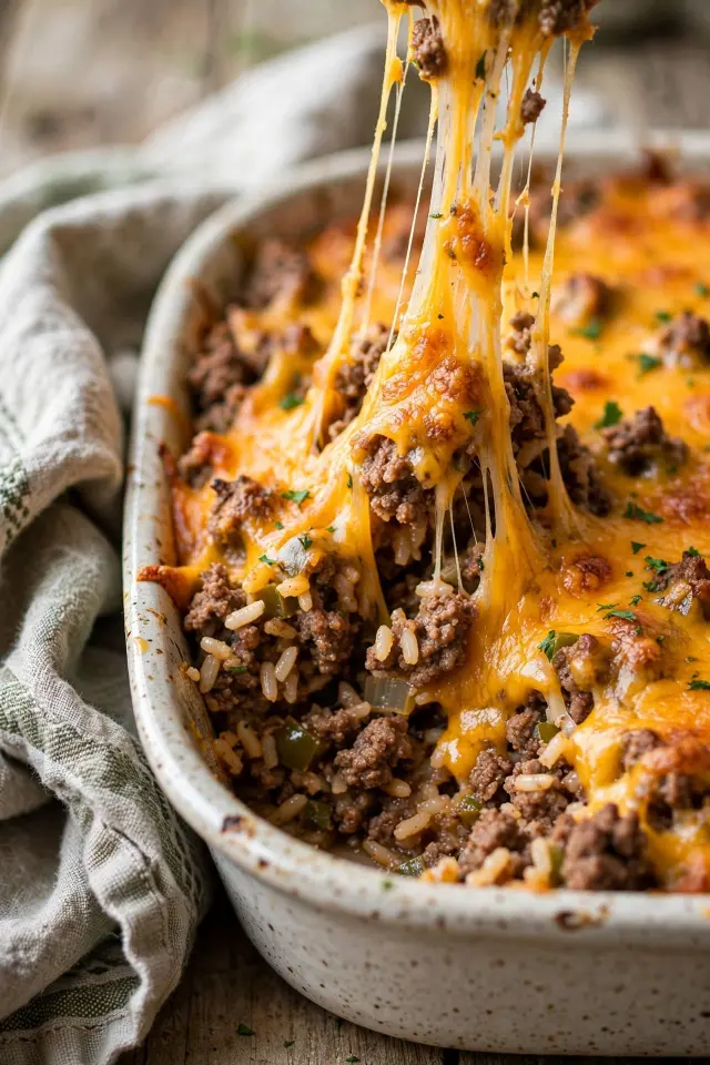 Cheesy ground beef and rice casserole with melted cheddar topping