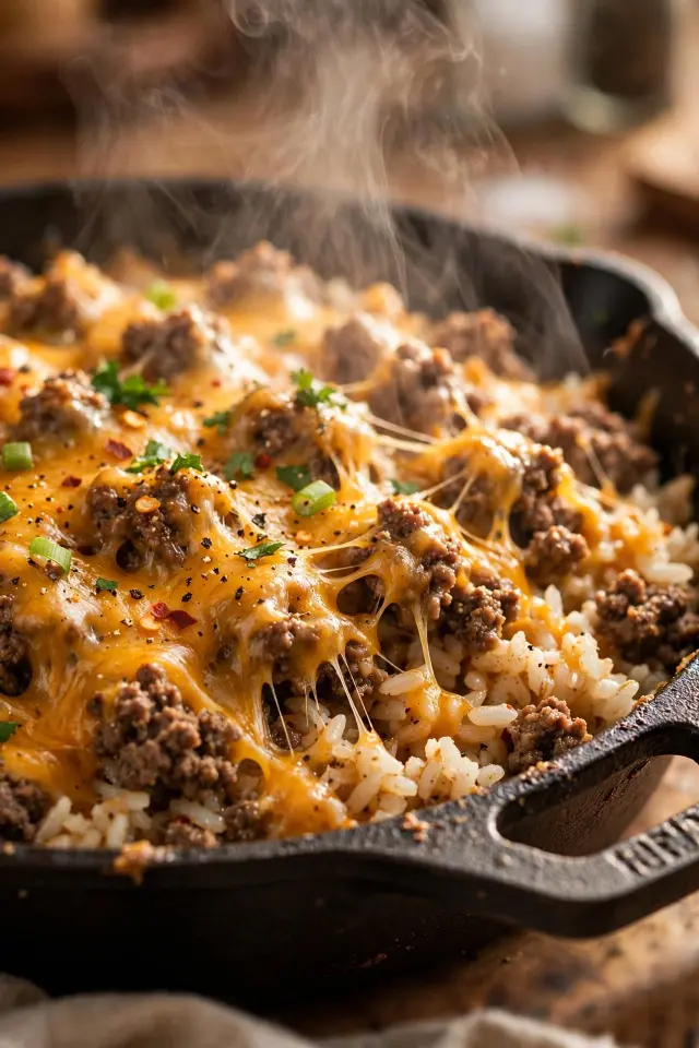 Cheesy ground beef and rice skillet dinner in cast iron pan