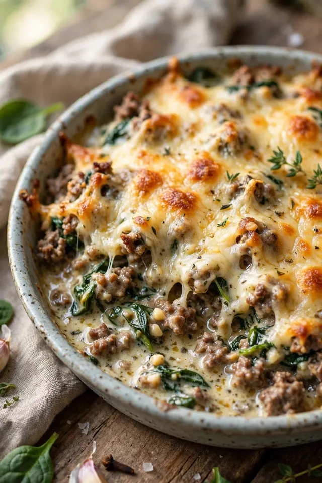 Cheesy ground beef and spinach casserole with garlic cream sauce
