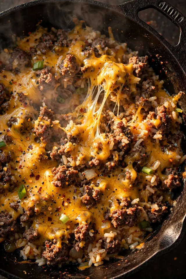 Cheesy ground beef and rice skillet dinner in cast iron pan
