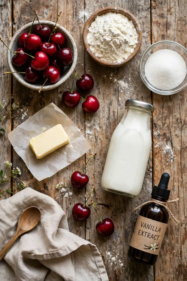 Ingredients for homemade cherry cobbler recipe arranged on wooden table