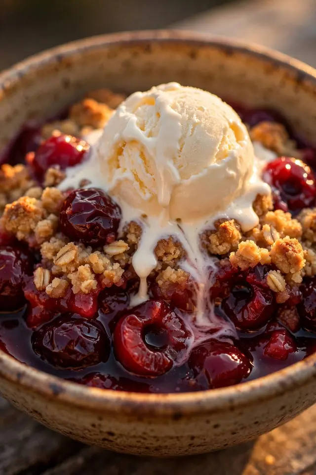 Cherry cobbler recipe served warm with a scoop of vanilla ice cream