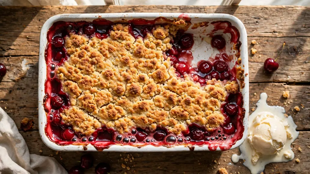 Golden cherry cobbler recipe fresh from the oven with bubbling fruit filling