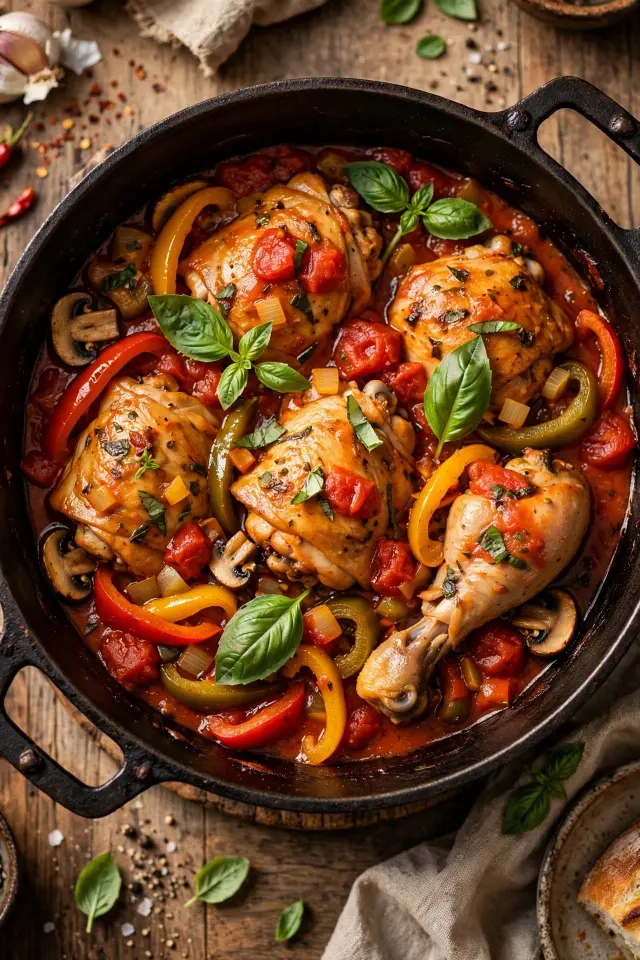 Rustic chicken cacciatore with peppers in tomato sauce