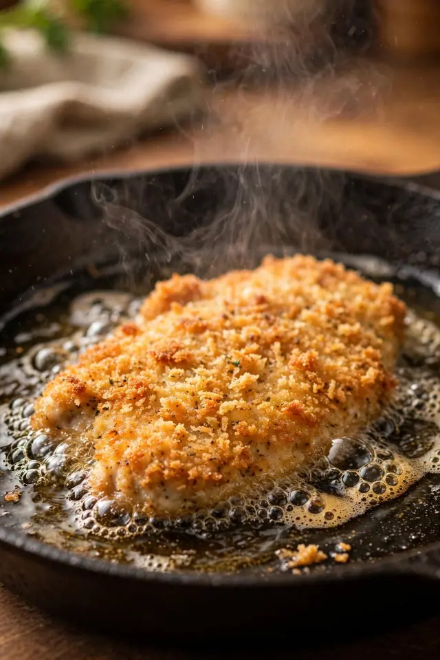 Frying breaded chicken cutlet for crispy chicken parmesan recipe