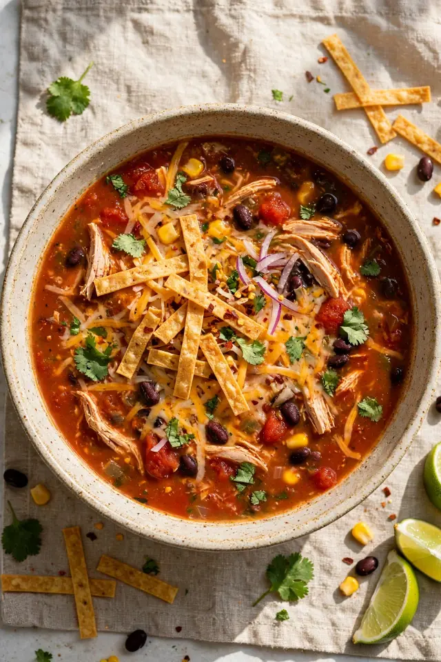 Chicken enchilada soup topped with tortilla strips and avocado