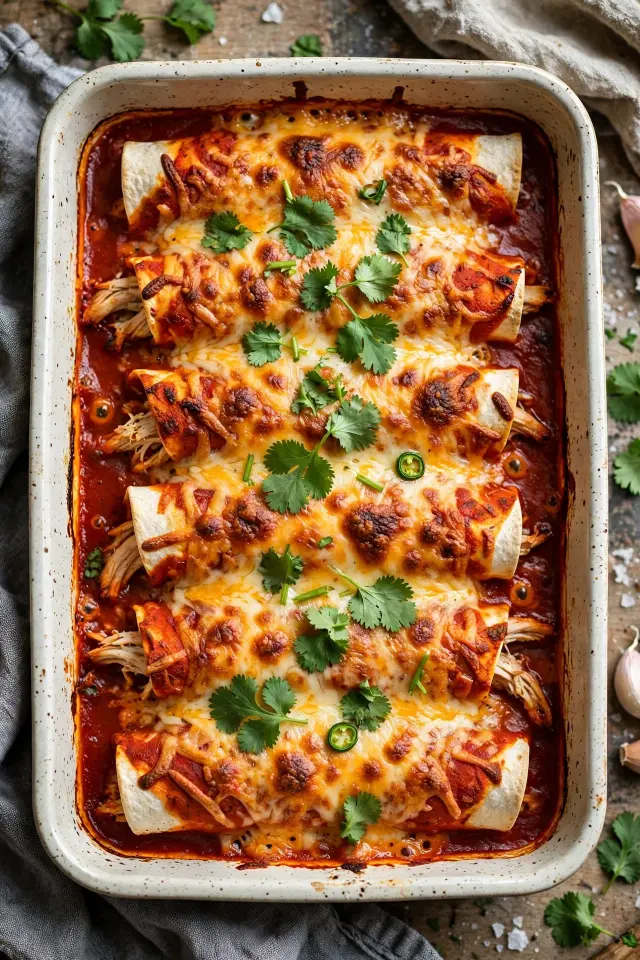 Baked shredded chicken enchiladas with red sauce and melted cheese