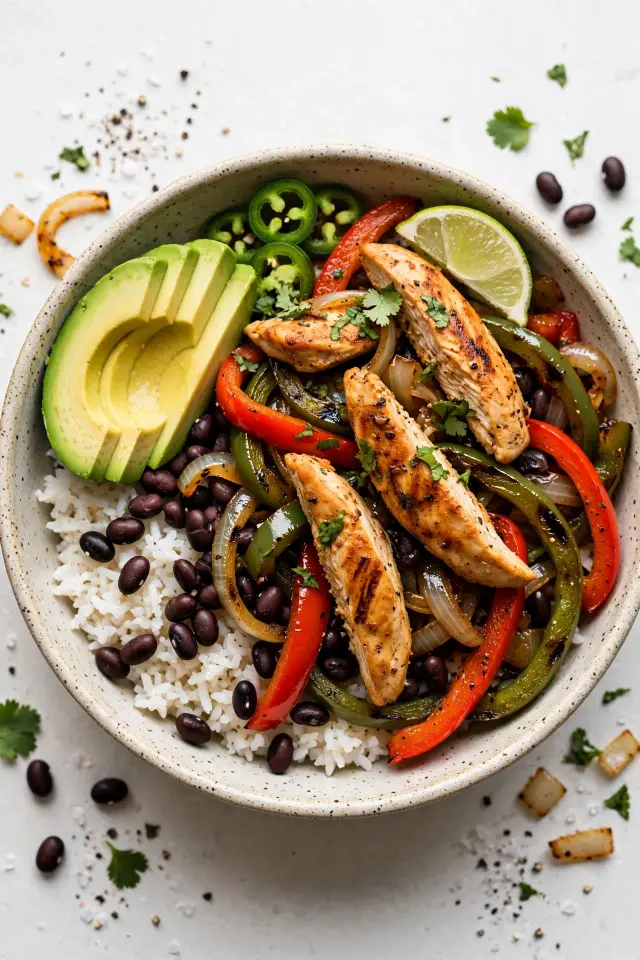  Chicken fajita bowl with peppers, rice, and avocado