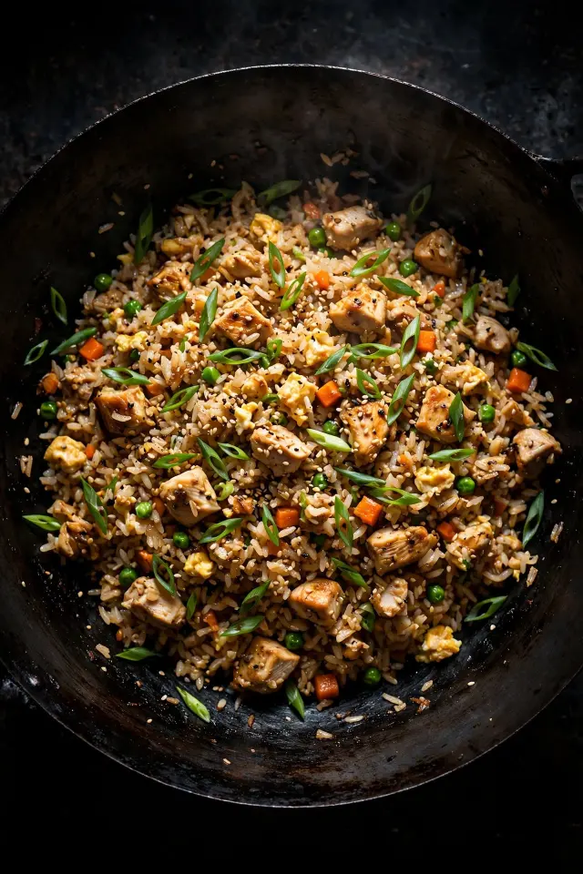  Rotisserie chicken fried rice with scallions and egg
