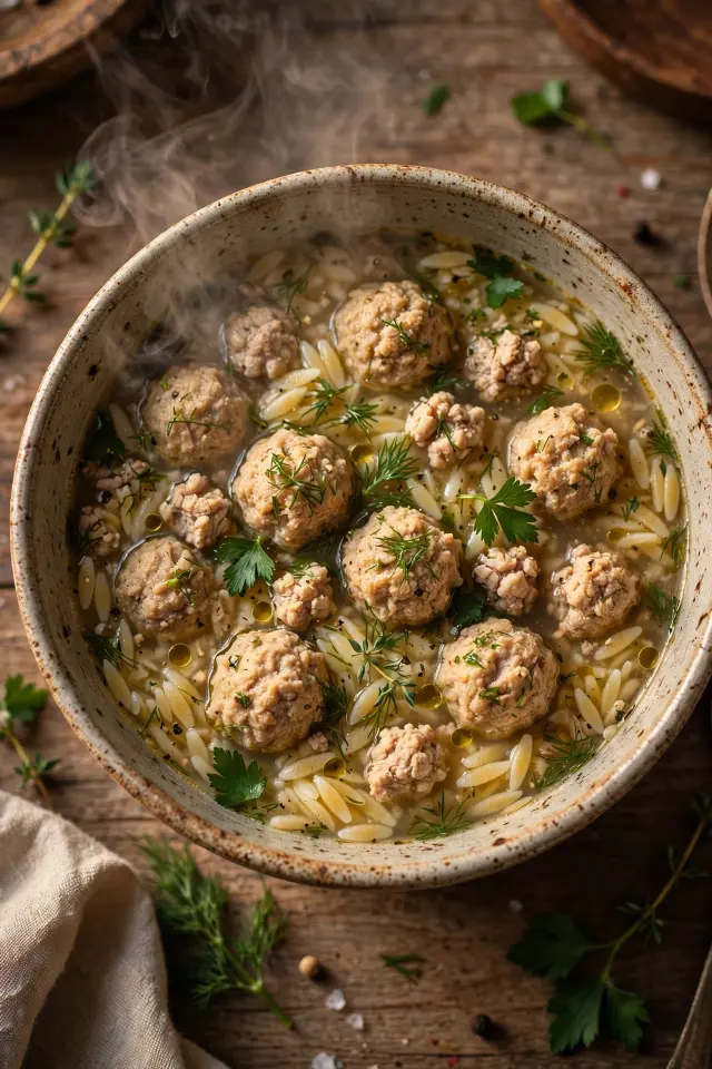 Ground chicken soup with meatballs and orzo pasta