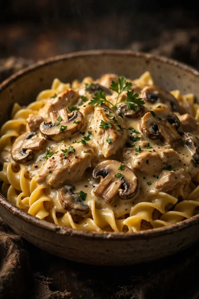  Creamy chicken mushroom stroganoff served over egg noodles