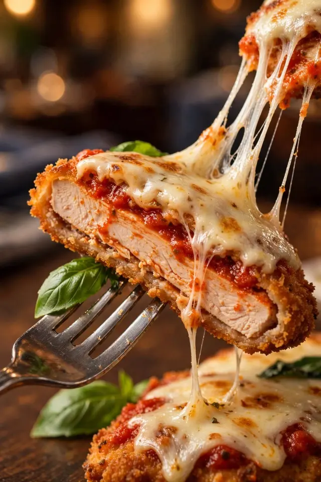 Close-up of cheesy chicken parmesan recipe with melted mozzarella