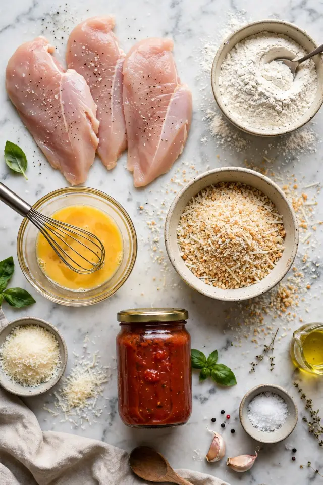 Mise en place for chicken parmesan recipe with breading station and marinara