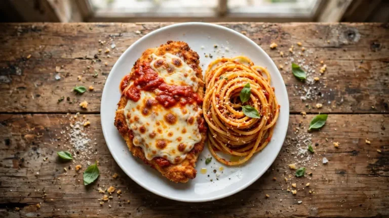 Crispy chicken parmesan recipe topped with melted mozzarella and marinara sauce