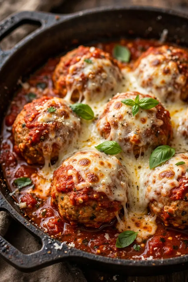 Chicken parmesan meatballs in marinara with melted mozzarella