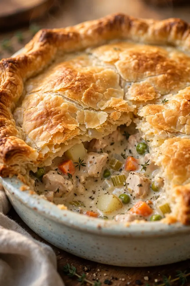 Rotisserie chicken pot pie with flaky pastry topping