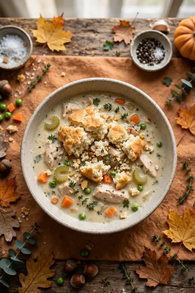 Creamy shredded chicken pot pie soup topped with biscuit