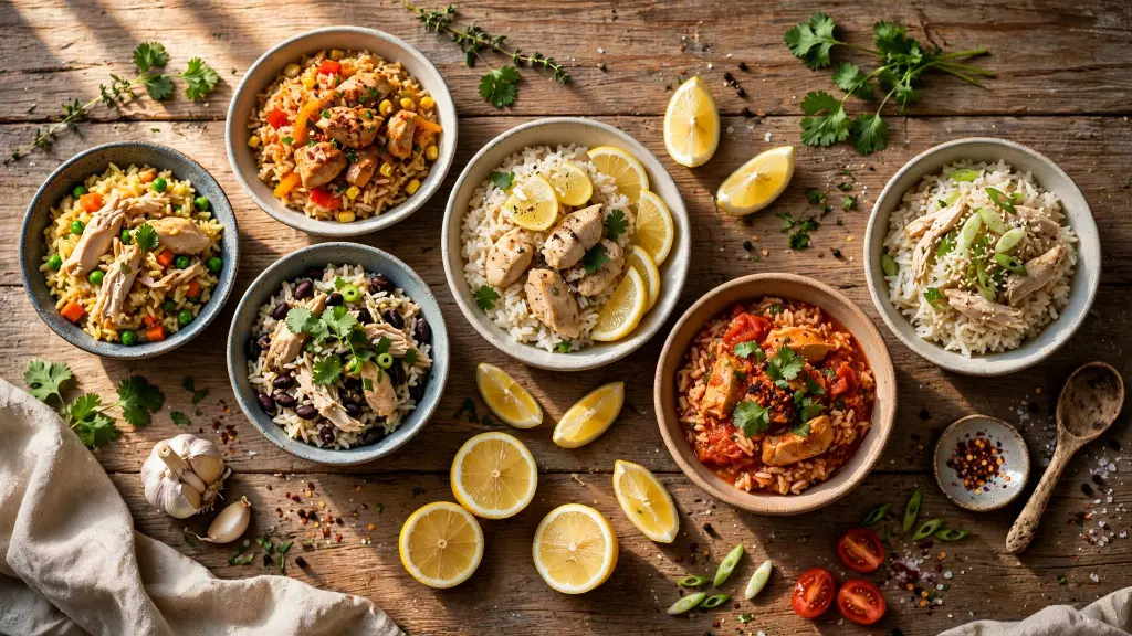 Collage of 15 cheap chicken and rice recipe ideas