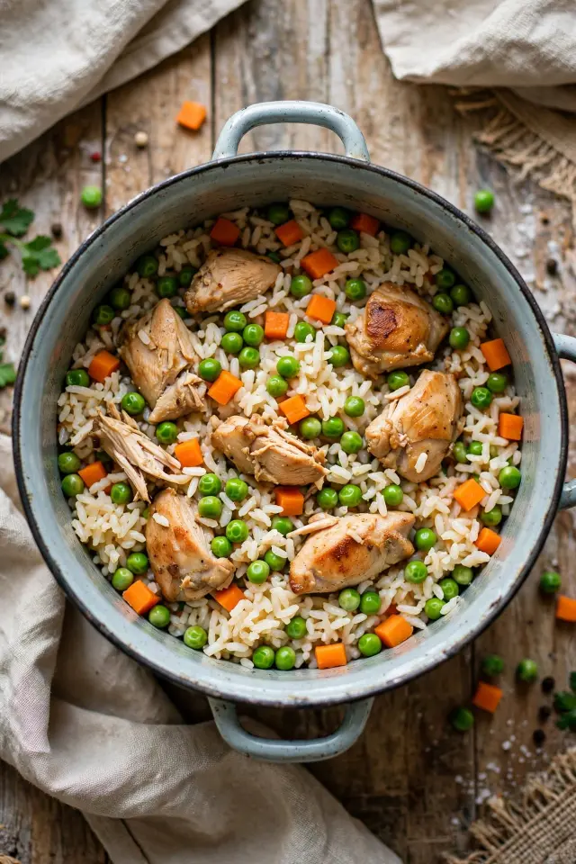 Budget one-pot chicken and rice with frozen vegetables