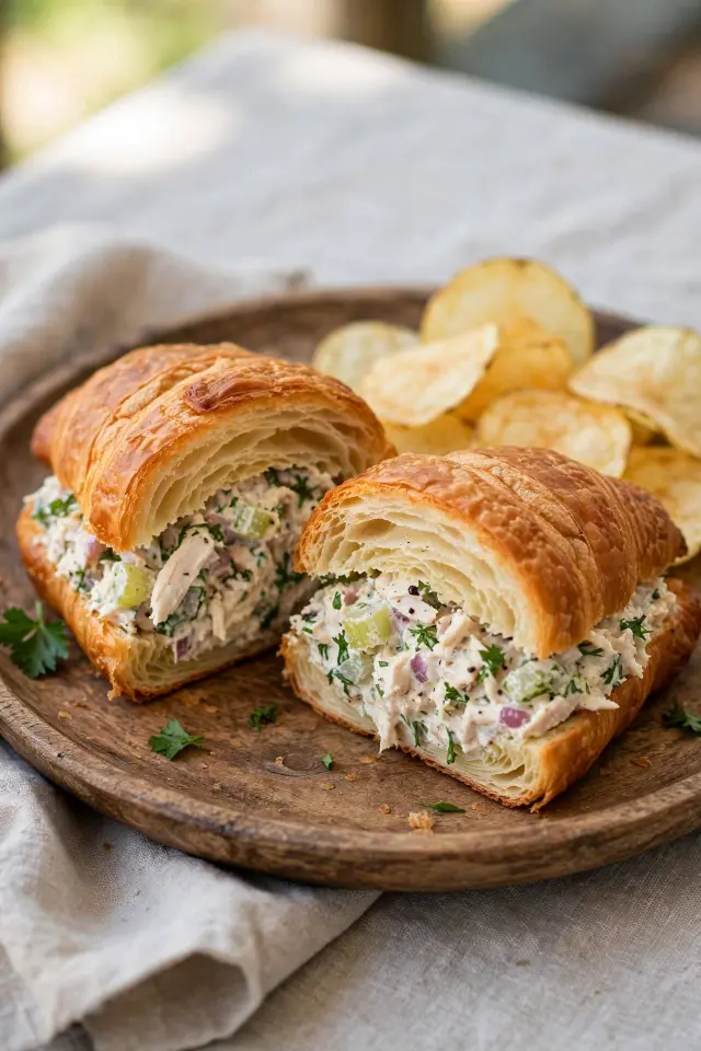 Rotisserie chicken salad sandwich on a croissant