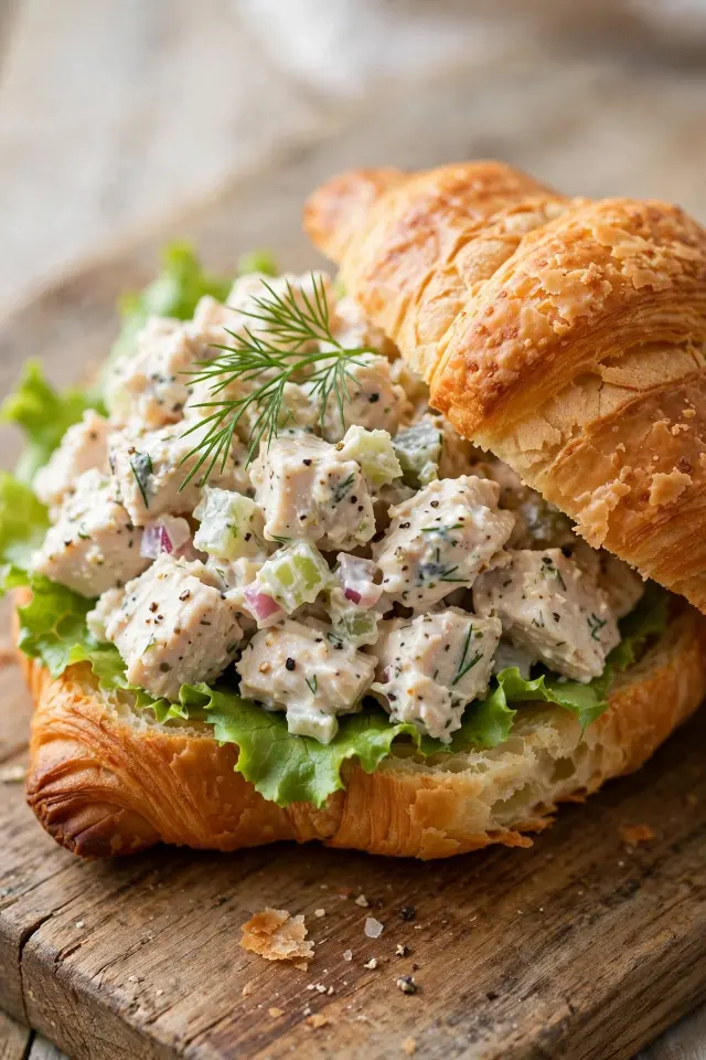 Chicken salad recipe served as a sandwich on a croissant