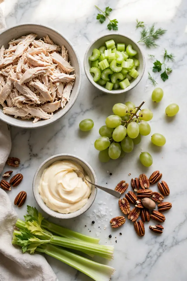 Ingredients for chicken salad recipe including chicken, celery, grapes, and pecans