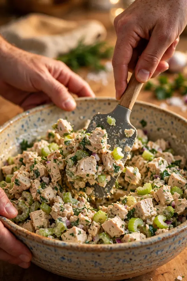 Mixing chicken salad recipe ingredients in a large bowl