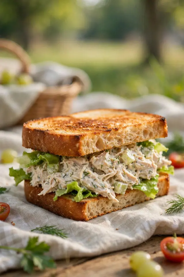 Shredded chicken salad sandwich with lettuce on toasted bread