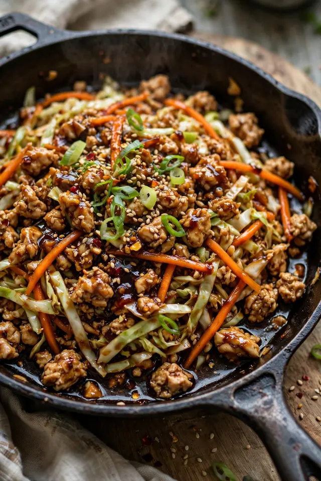 Ground chicken egg roll bowl with cabbage and sesame