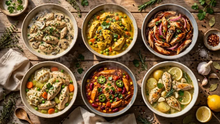 Collage of chicken crockpot recipes including soup, pasta, and shredded chicken bowls