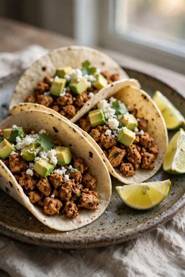 Ground chicken tacos topped with avocado and cotija cheese
