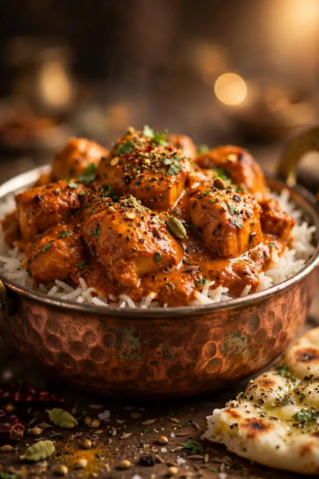 Chicken tikka masala served with basmati rice and naan