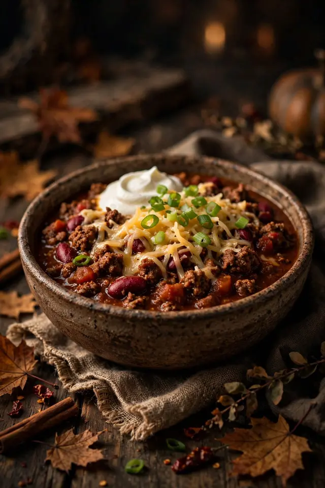 Slow cooker ground beef chili topped with cheese and onions