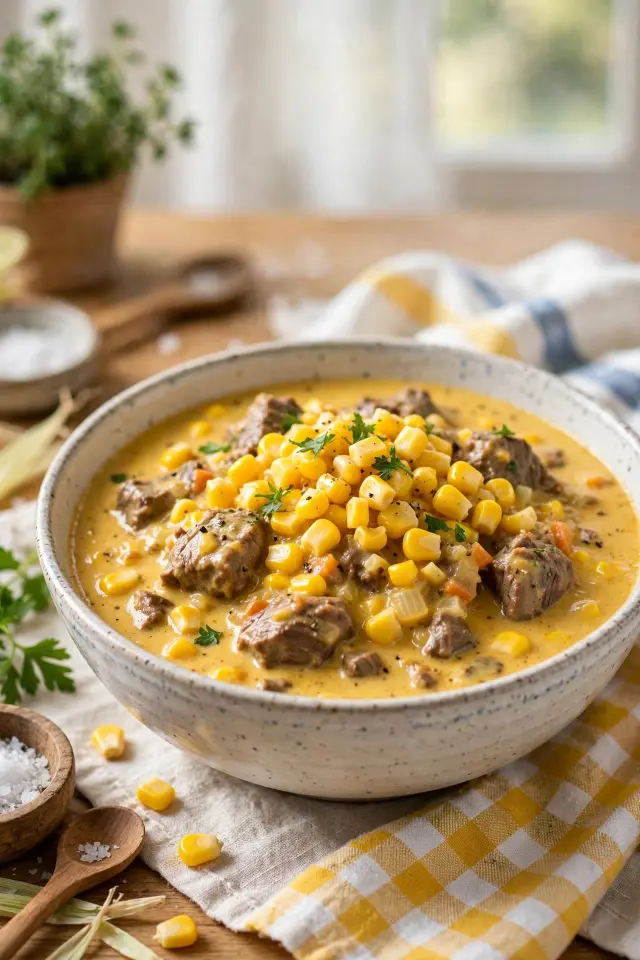 Creamy beef and sweet corn chowder-stew