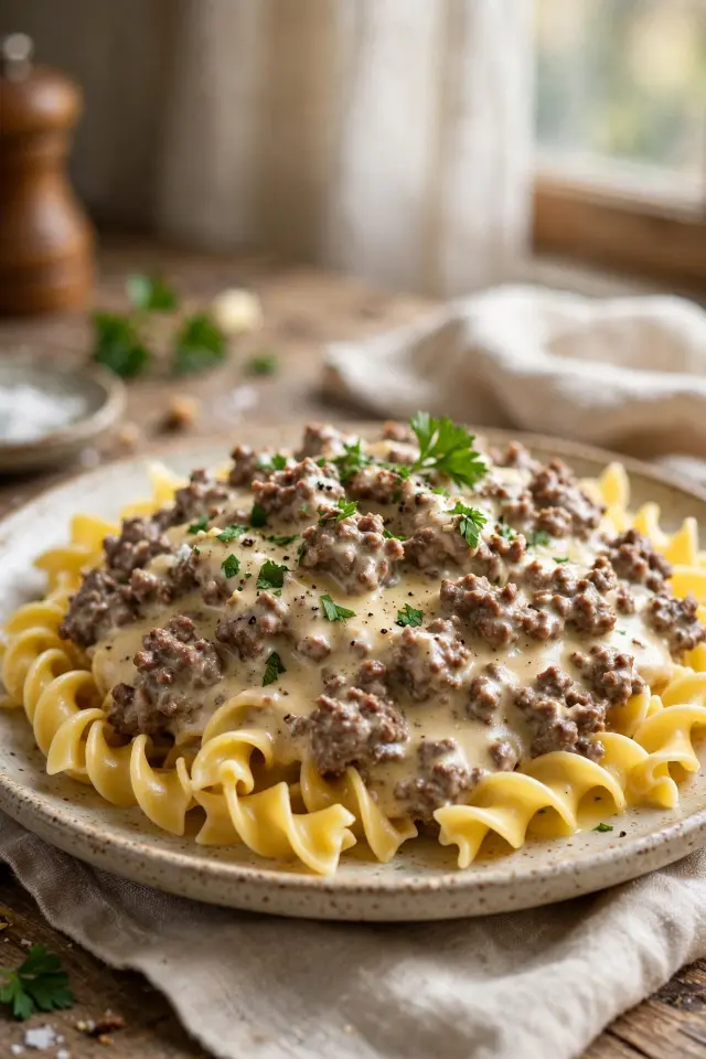 Ground beef mushroom stroganoff over egg noodles