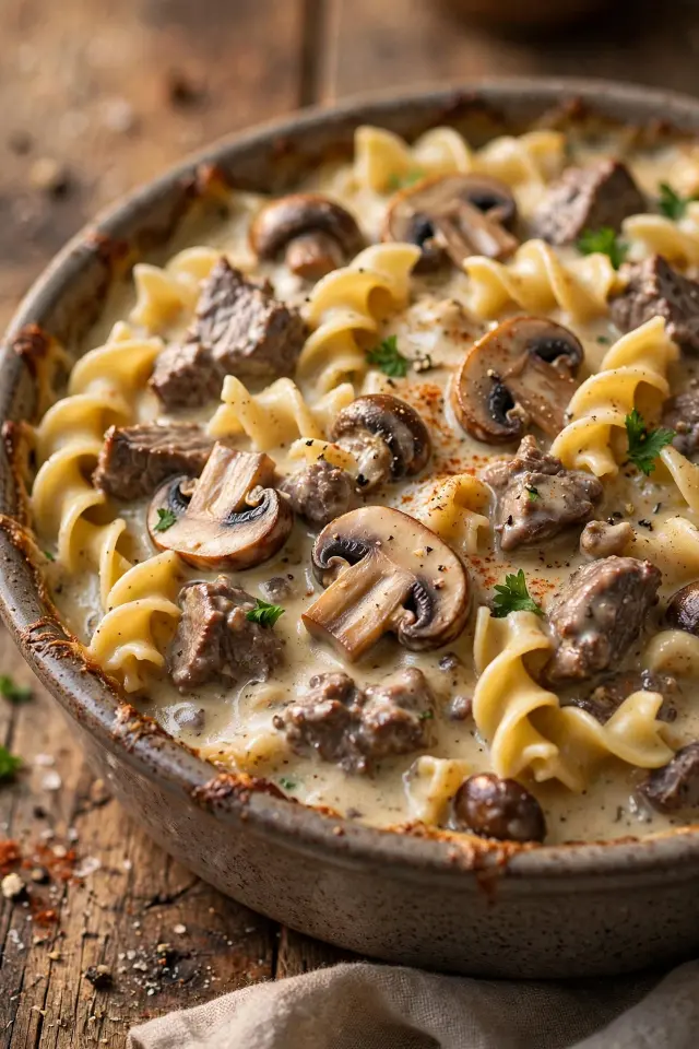  Creamy beef stroganoff casserole with egg noodles and mushrooms