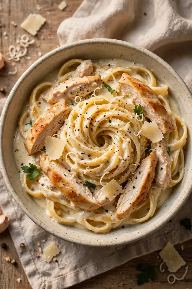 Creamy chicken Alfredo pasta with parmesan and black pepper