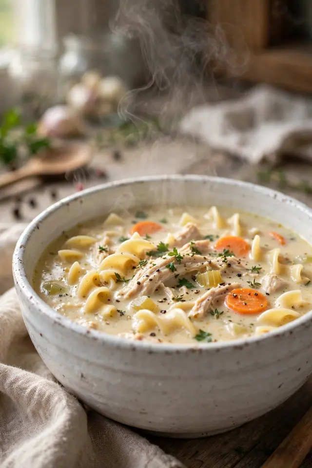 Creamy rotisserie chicken noodle soup in a white bowl