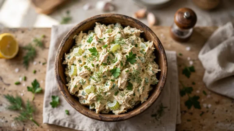 Bowl of creamy chicken salad recipe with herbs on a wooden table