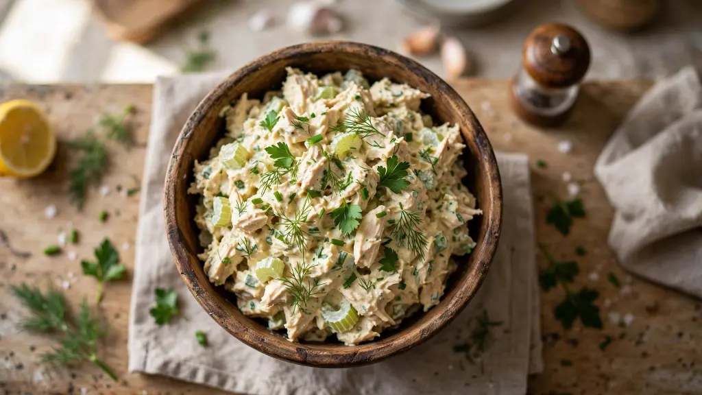 Bowl of creamy chicken salad recipe with herbs on a wooden table