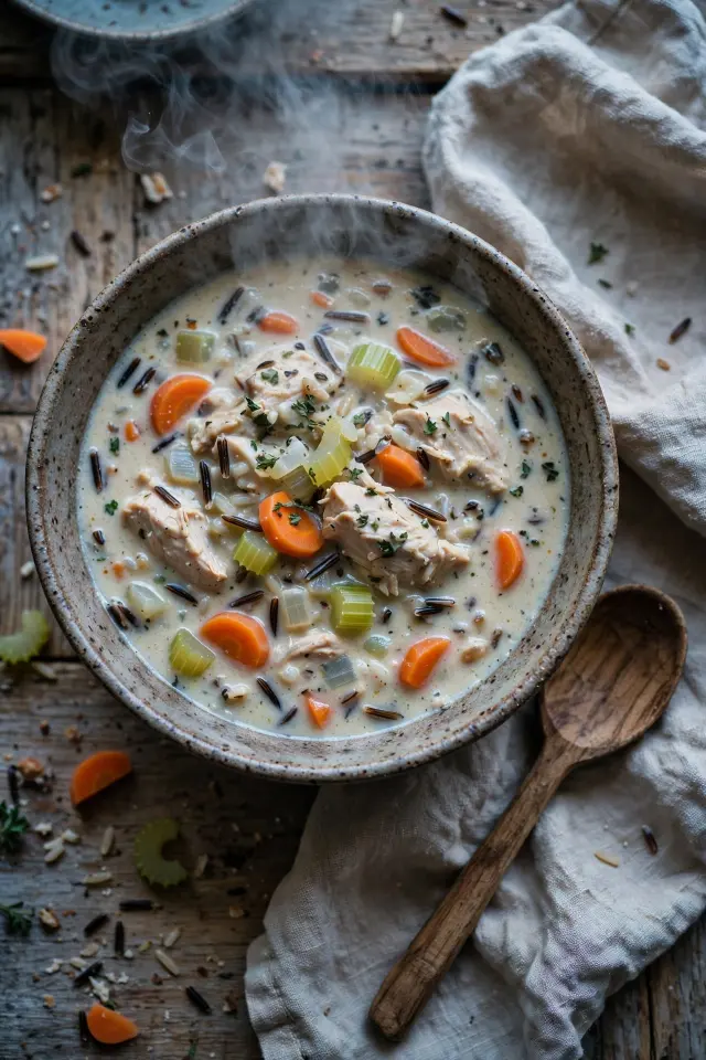 Creamy chicken and wild rice soup in a rustic bowl