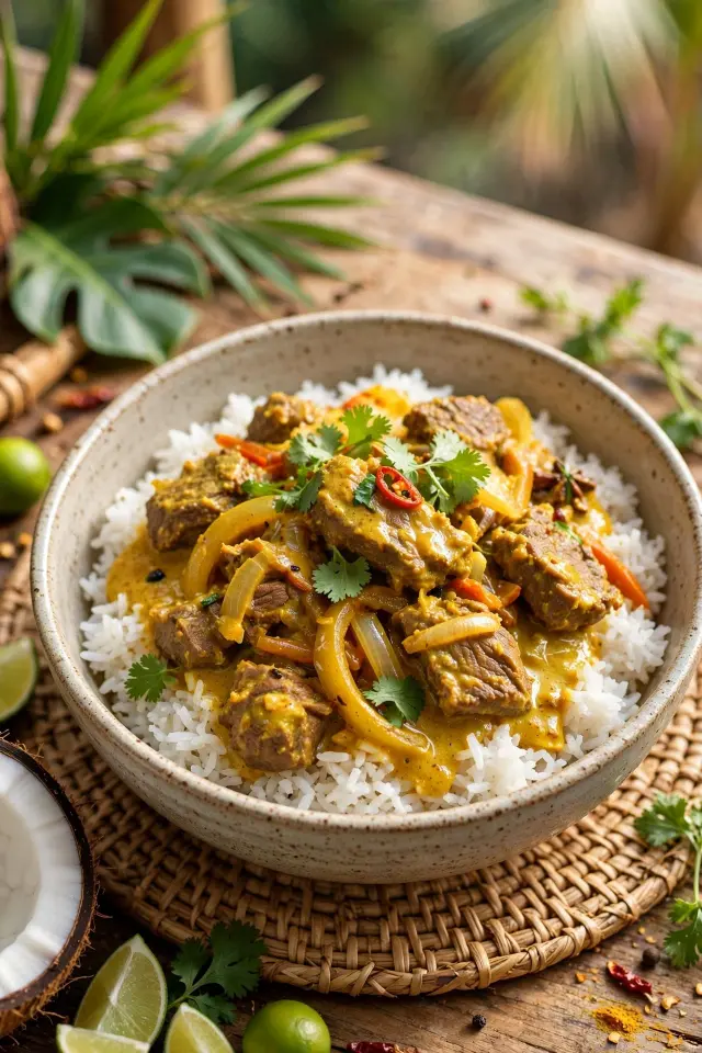 Curried coconut beef stew served over jasmine rice