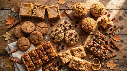 Collage of cheap fall dessert recipes on wooden table