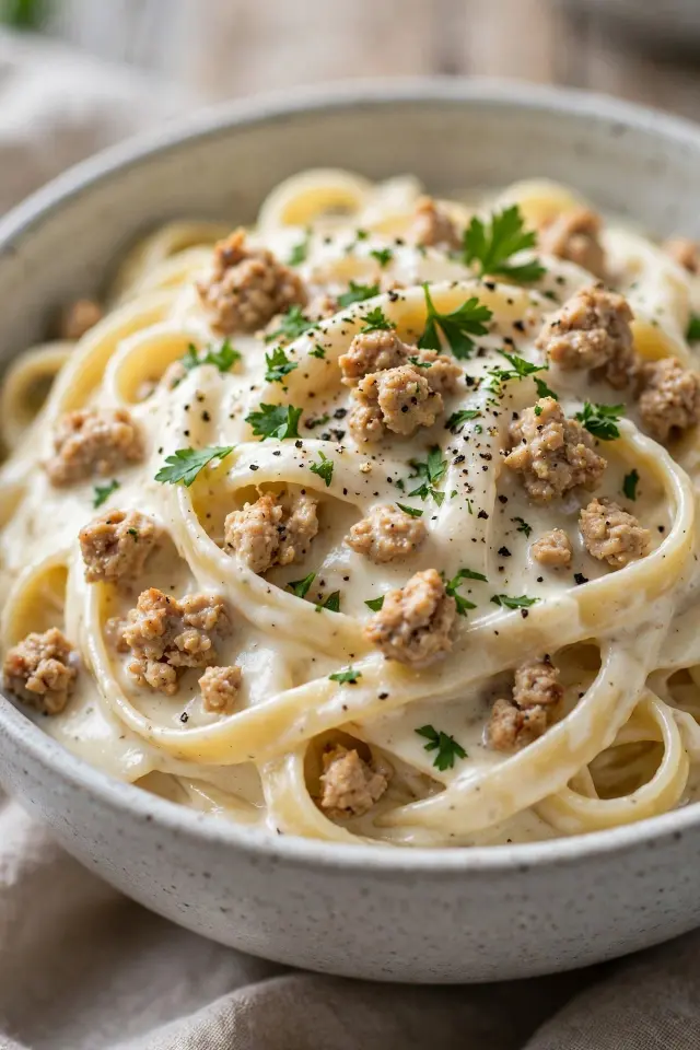 Creamy ground chicken alfredo pasta with parsley garnish