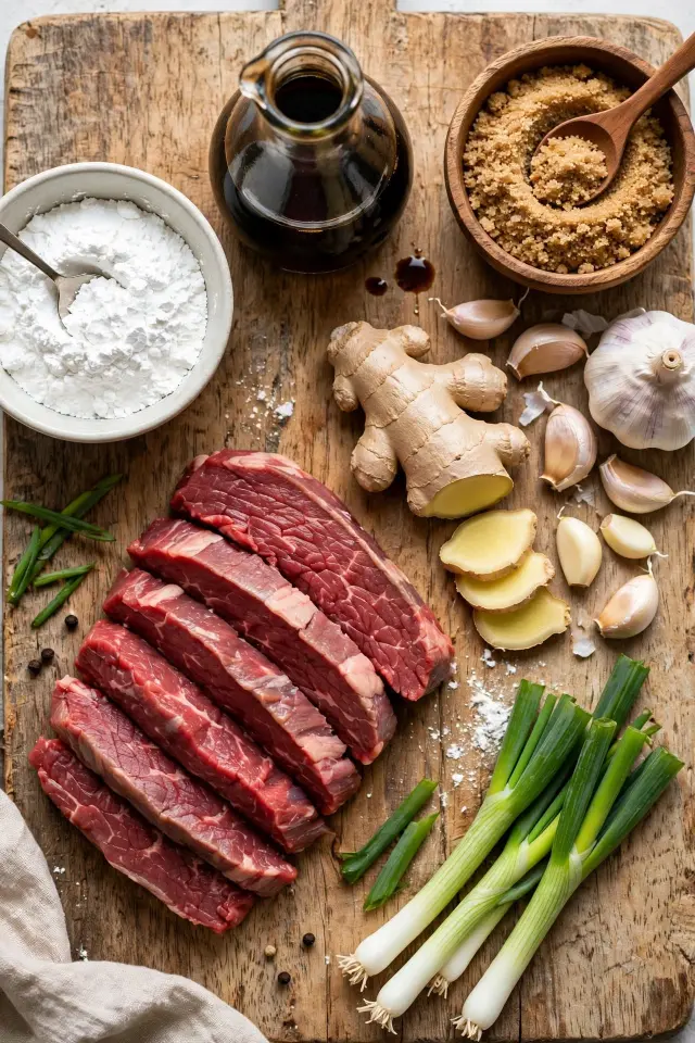  Mongolian beef ingredients including sliced flank steak, soy sauce, and scallions