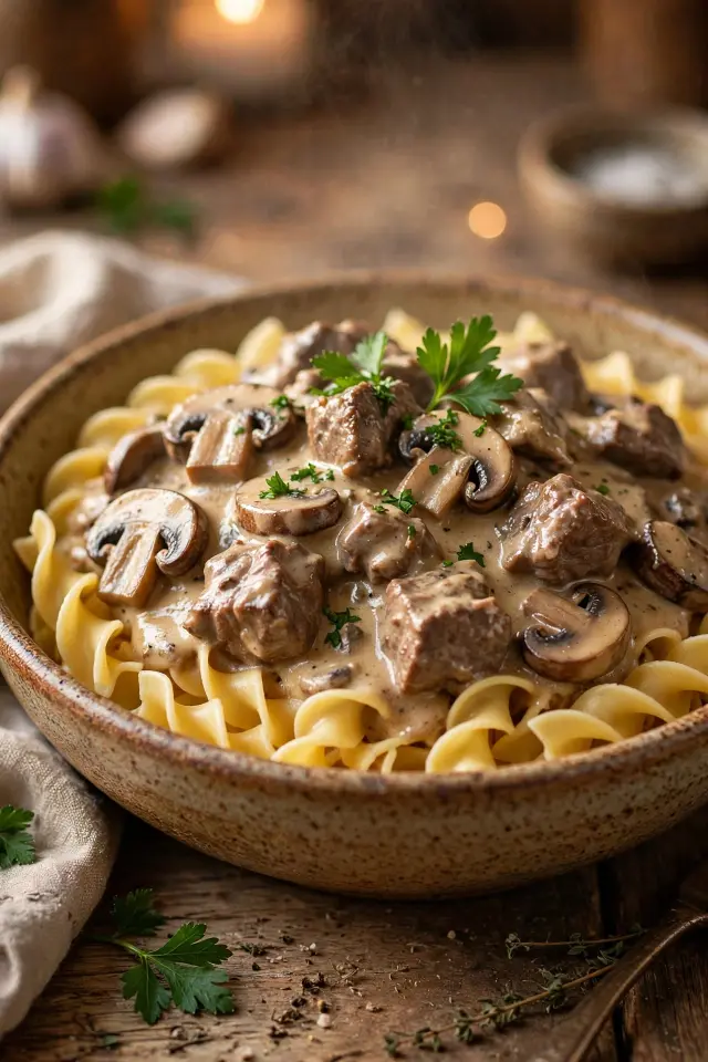 Beef and mushroom stroganoff stew over egg noodles